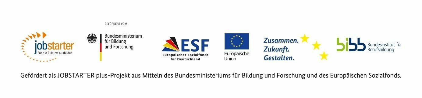Logoleiste: Jobstarter Plus, Bundesministerium für Bildung und Forschung, Europäischer Sozialfonds für Deutschland, Europäische Union - zusammen Zukunft gestalten, Bundesinstitut für Berufsbildung